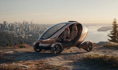 未来都市を背景にしたコンパクトな電気自動車の3Dレンダリング