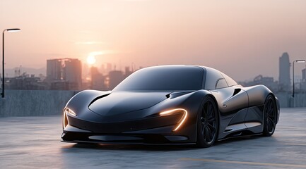 Sleek black sports car on a city rooftop parking garage at sunrise
