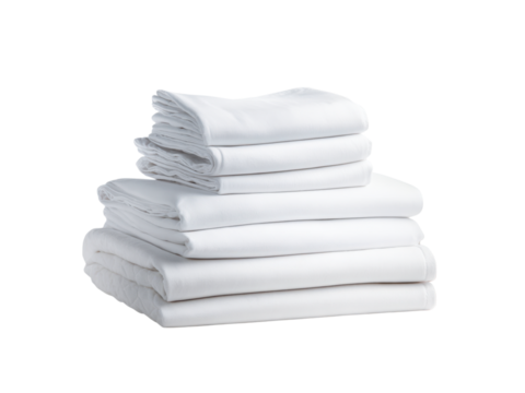 Stacked white bedding linens neatly folded sheets fabric, Isolated, Png Transparent Background
