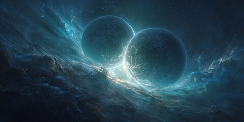 接近する二つの惑星、宇宙空間、星雲、幻想的な光景