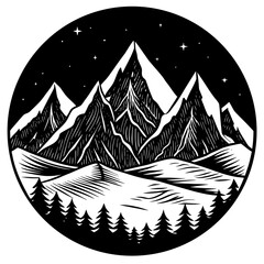 Black and White Woodcut Style Illustration of Snowy Mountains at Night stars