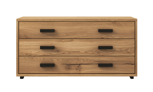 A wooden dresser featuring three drawers with sleek black handles. The surface displays a natural grain pattern. isolated on white background and transparent background