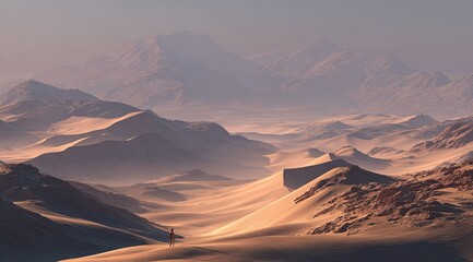 A solitary figure walks across a vast desert landscape, framed by mountains bathed in soft, golden light. A serene vista of sand dunes and peaks