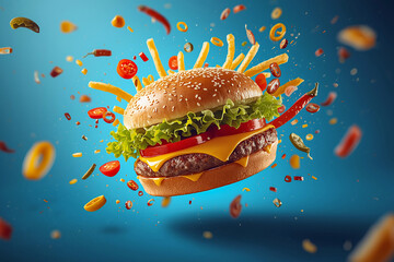 Cheeseburger floating with exploding potato chips vegetable and tomatoes on a vibrant background