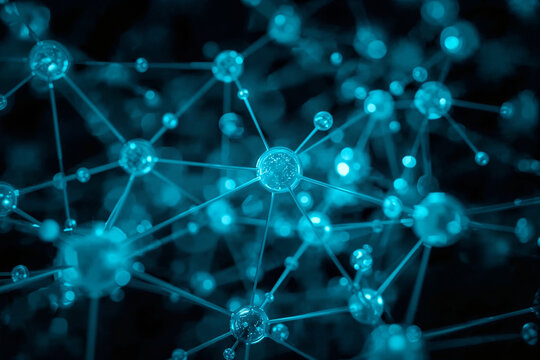 Cyan blue molecular network with interconnected spheres and light effects in abstract space