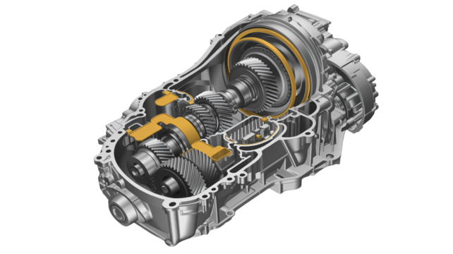 Illustration of a car transmission system, showcasing its internal components and mechanical design isolated on transparent background