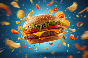 Cheeseburger floating with exploding potato chips vegetable and tomatoes on a vibrant background