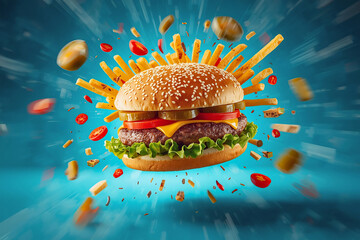 Cheeseburger floating with exploding potato chips vegetable and tomatoes on a vibrant background