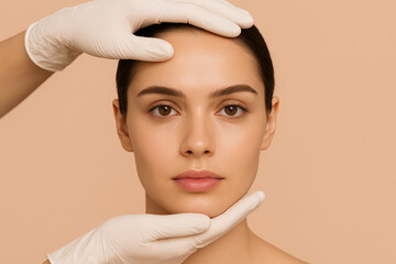 Dermatology check of a young Caucasian woman with perfect skin, examined by gloved hands on a beige studio background