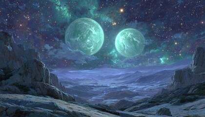 惑星地表からの宇宙の眺め、二つの惑星、星雲、岩肌