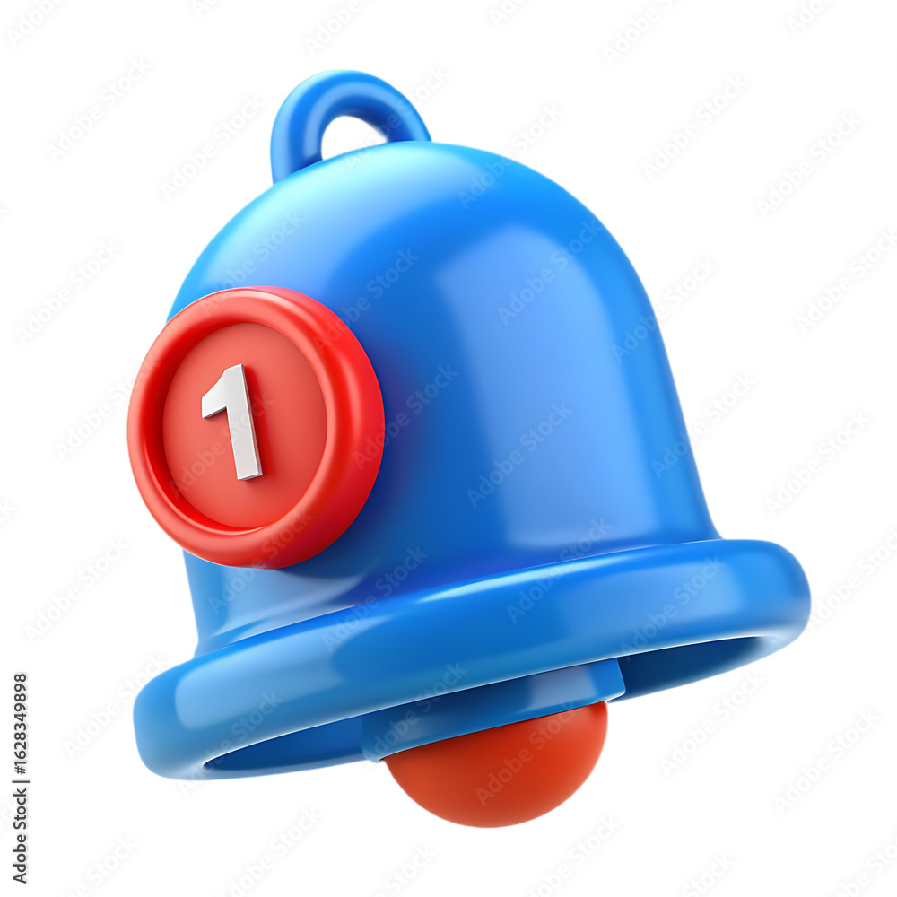 Poster blue notification bell with red circle and number 1 alert message isolated on a transparent backgrou