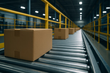 Cardboard boxes moving on a conveyor belt inside a modern warehouse or distribution center