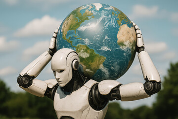 Futuristic robot carrying a globe on its shoulders in a modern take on the Atlas myth, symbolizing AI and global responsibility
