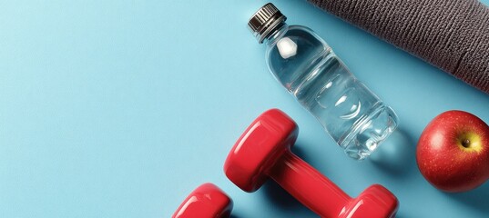 Fitness essentials laid out on a light-blue surface, featuring a water bottle, red dumbbells, a gray exercise mat, and a red apple