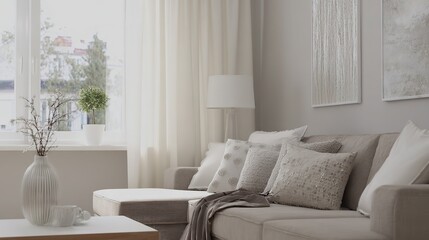Fototapeta premium Sunlit modern Scandinavian living room, beige sofa and abstract wall art, wide depth perspective creating calm cozy home interior