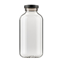 Transparent empty glass bottle with black cap on white background for beverage storage or decoration on transparent background