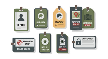 A collection of illustrated military identification badges and tags, featuring various symbols and text, perfect for security, access, and military-themed design projects.