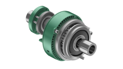 Gearbox assembly isolated on transparent background showcasing mechanical engineering design and industrial technology with various components and parts