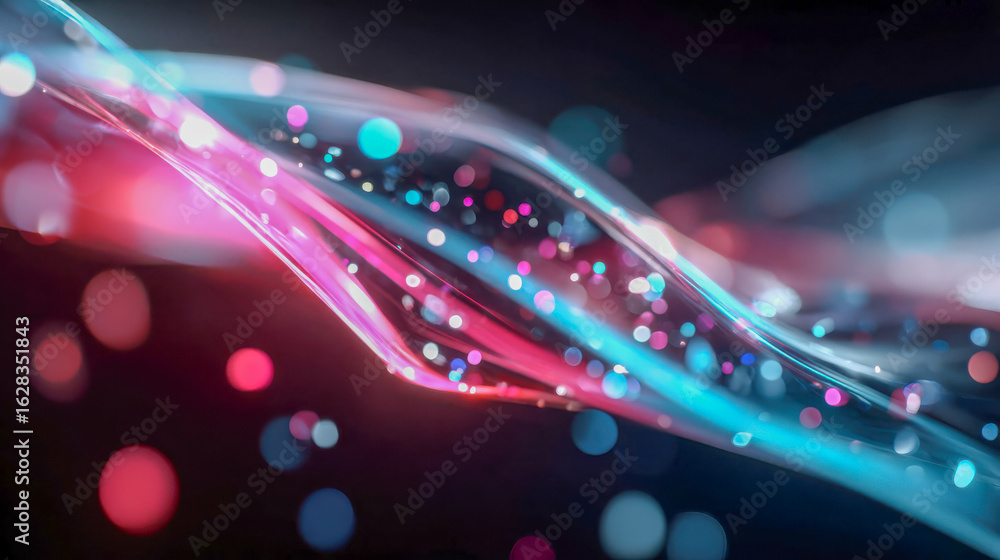 Poster flowing abstract waves of pink and blue digital data, sparkling with glowing particles on a dark bac
