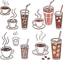 Hot and Cold Beverage Icons – Coffee, Iced Tea, Soda, and More in Vector Style