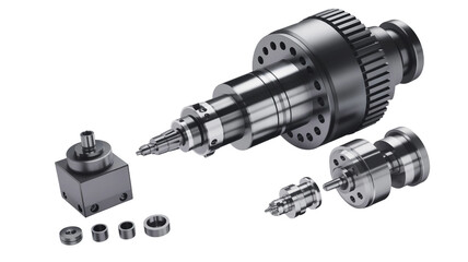 Closeup of precision machining spindle and components, showcasing industrial equipment and engineering expertise isolated on transparent background