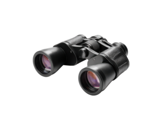 Black optical binoculars with textured grip and focus wheel image, Isolated, Png Transparent Background
