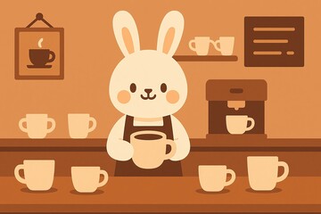 Cute bunny barista serving coffee beverages.