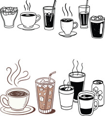 Hot and Cold Beverage Icons – Coffee, Iced Tea, Soda, and More in Vector Style