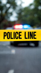 Police tape in focus with flashing patrol car blurred in background.
