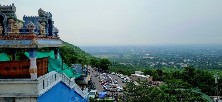 Scenic view from Maruthamalai Temple, a famous hilltop temple in Coimbatore, Tamil Nadu, dedicated to Lord Murugan, known for its serene atmosphere and panoramic city views