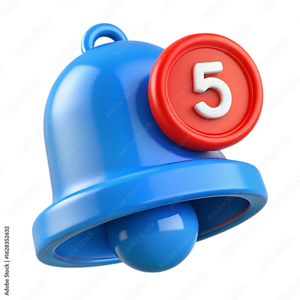 Poster blue notification bell with red circle and number 5 alert message isolated on a transparent backgrou
