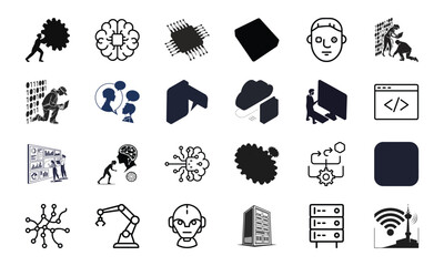 Artificial Intelligence, Machine Learning, and Data Science Concept Icons – Modern Technology and Digital Innovation Elements in Black and White Vector Set