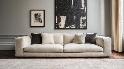 Sunlit Scandinavian living room with light sofa and abstract wall decor, warm cozy atmosphere, wide depth inviting modern home