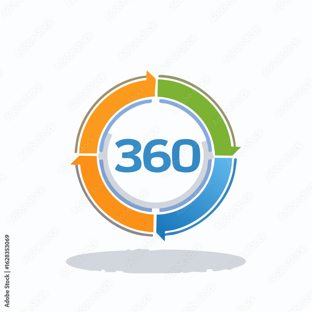 Poster 360 degree circular process icon with colorful encircling arrows and rotation concept symbol