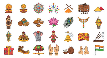 A vibrant collection of colorful Indian cultural icons and symbols, including religious items, festive decorations, and traditional elements, arranged on a white background.