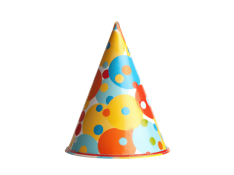 Festive conical headwear adorned with colorful circular patterns party celebration, Isolated, Png Transparent Background
