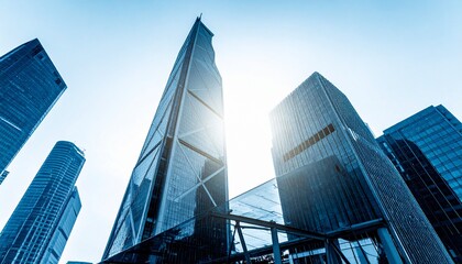 Naklejka premium Abstract business background, double exposure of modern glass skyscrapers, soft blue gradient, sunlight flare, futuristic cityscape, minimal corporate vibe,