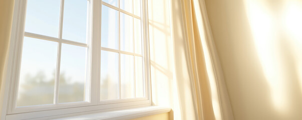 A sunlit window with white frames and beige curtains is partially open. Morning light, calm atmosphere, interior warmth