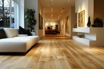 Bright contemporary room with beige wood flooring and modern furniture