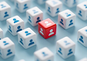 A red cube, featuring a person icon, stands out amidst many white cubes, each bearing a person icon