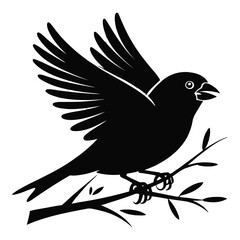 Obraz premium Silhouette of a Bird Taking Flight from a Branch Artistic Vector Illustration with Open Wings Detailed Black Design Isolated on White Background