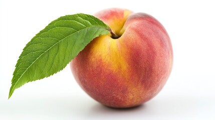 Fresh peach with leaf on white surface, soft light and full depth focus highlight fresh natural look, ideal for healthy food advertising and organic fruit packaging