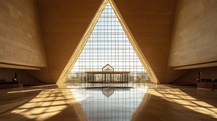 interior of large triangular building, large arched stone windows
