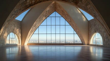 interior of large triangular building, large arched stone windows
