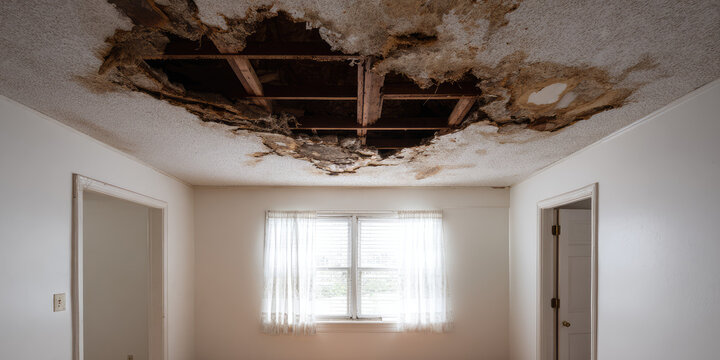 Ceiling with severe water damage and mold in an empty room; concept: home repair issues