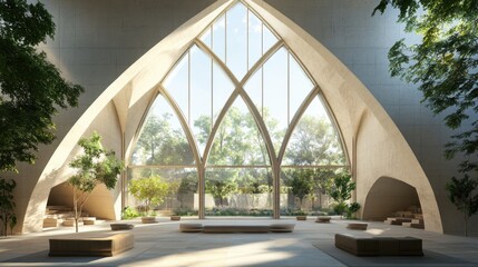 interior of large triangular building, large arched stone windows

