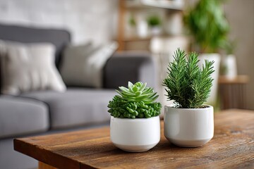 Two potted succulents and a small evergreen plant on a wooden coffee table in a modern living room