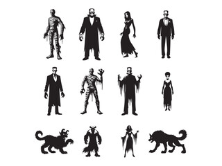 silhouette pack of classic Halloween monsters—Frankenstein, mummy, werewolf, and demon—in bold black lines with expressive body shapes on a white background