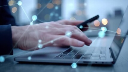 Typing on Laptop with Network Overlay Business Technology and Connectivity Concept - Powered by Adobe