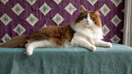 Feline portrait with 80s retro vibe, geometric background in vibrant purple and teal, shot with DSLR 50mm lens, dramatic shadows emphasizing texture and shapes